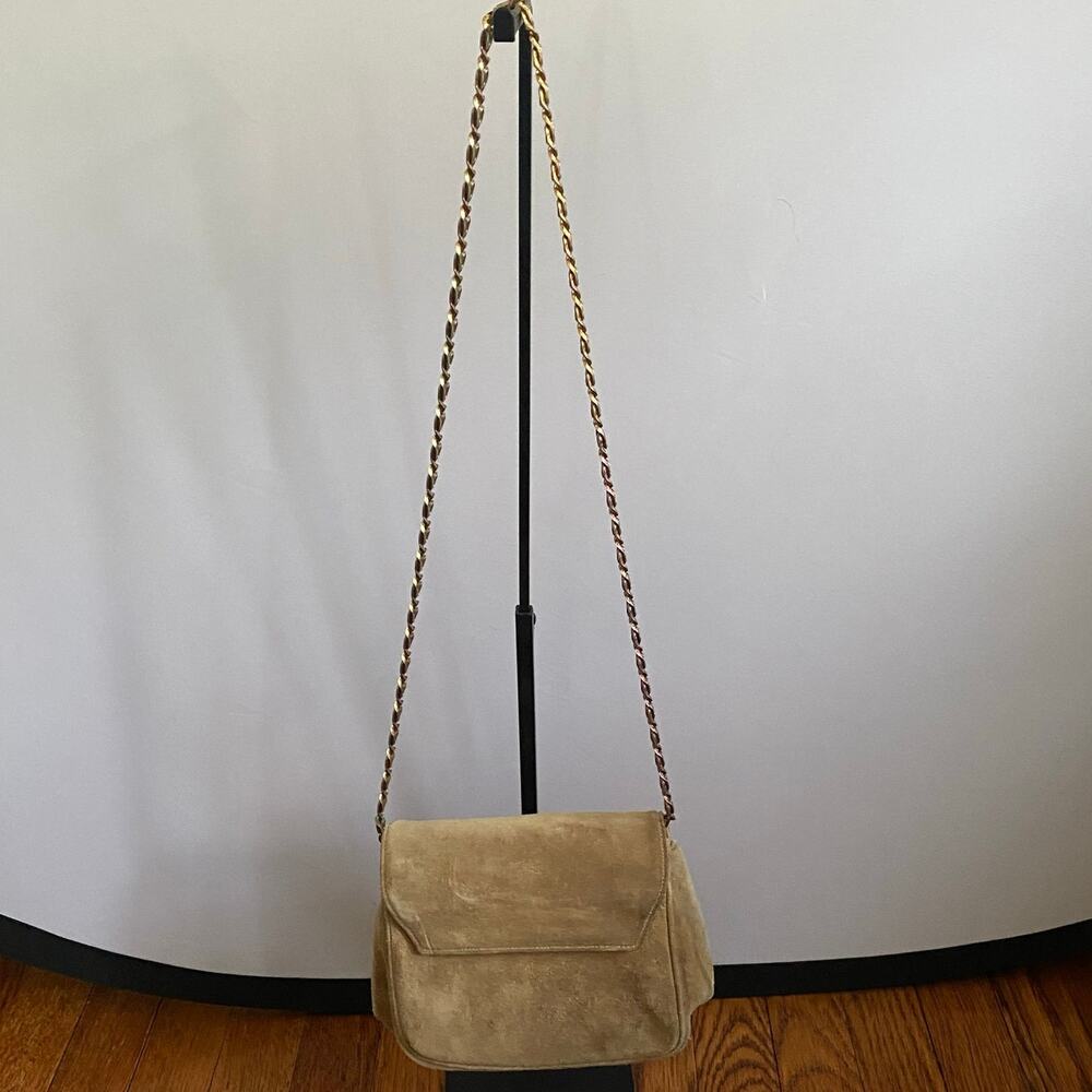 Vintage Suede Mini Shoulder Bag Camel Beige Chain Strap 70s/80s - Picture 6 of 17
